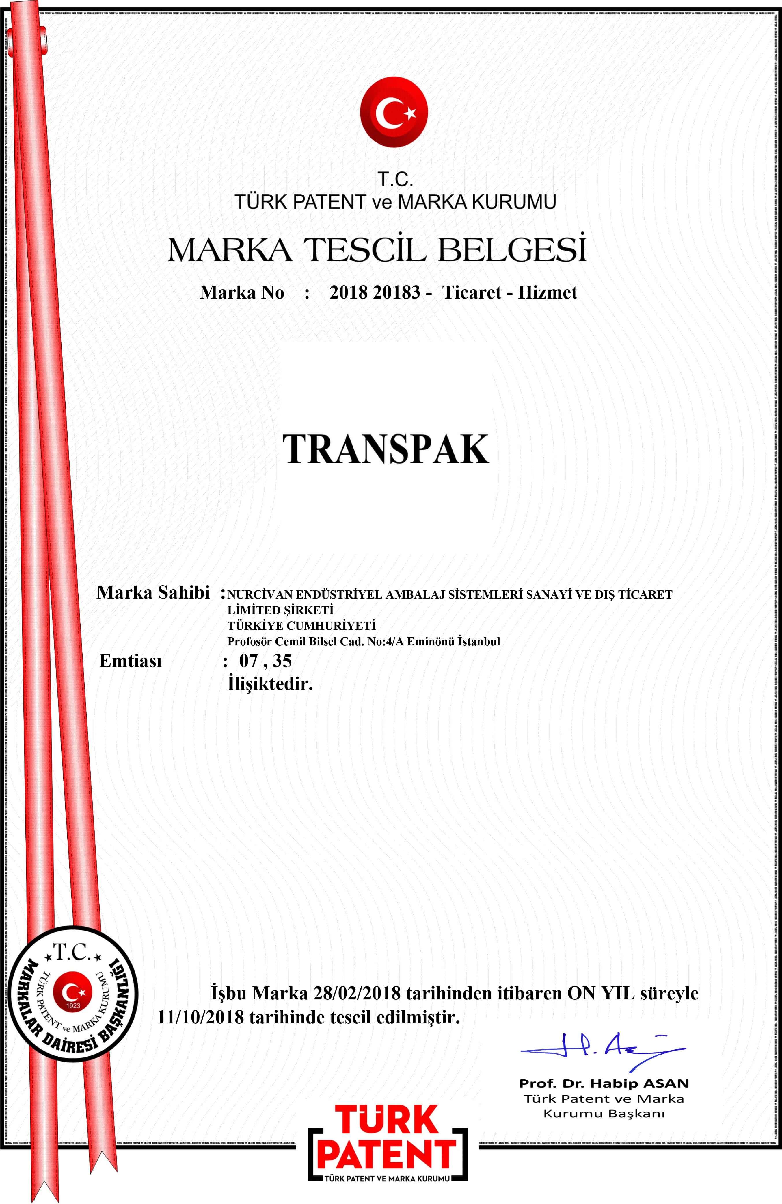 Transpak Marka Tescil Belgesi